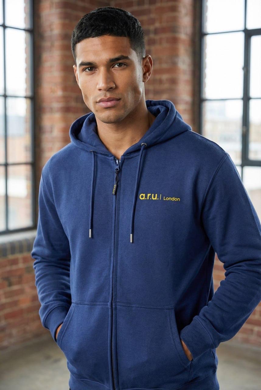 Blue branded zip hoodie sample