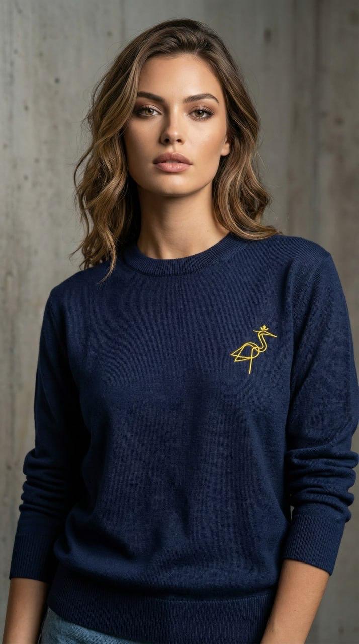 Blue branded knitwear sample on model