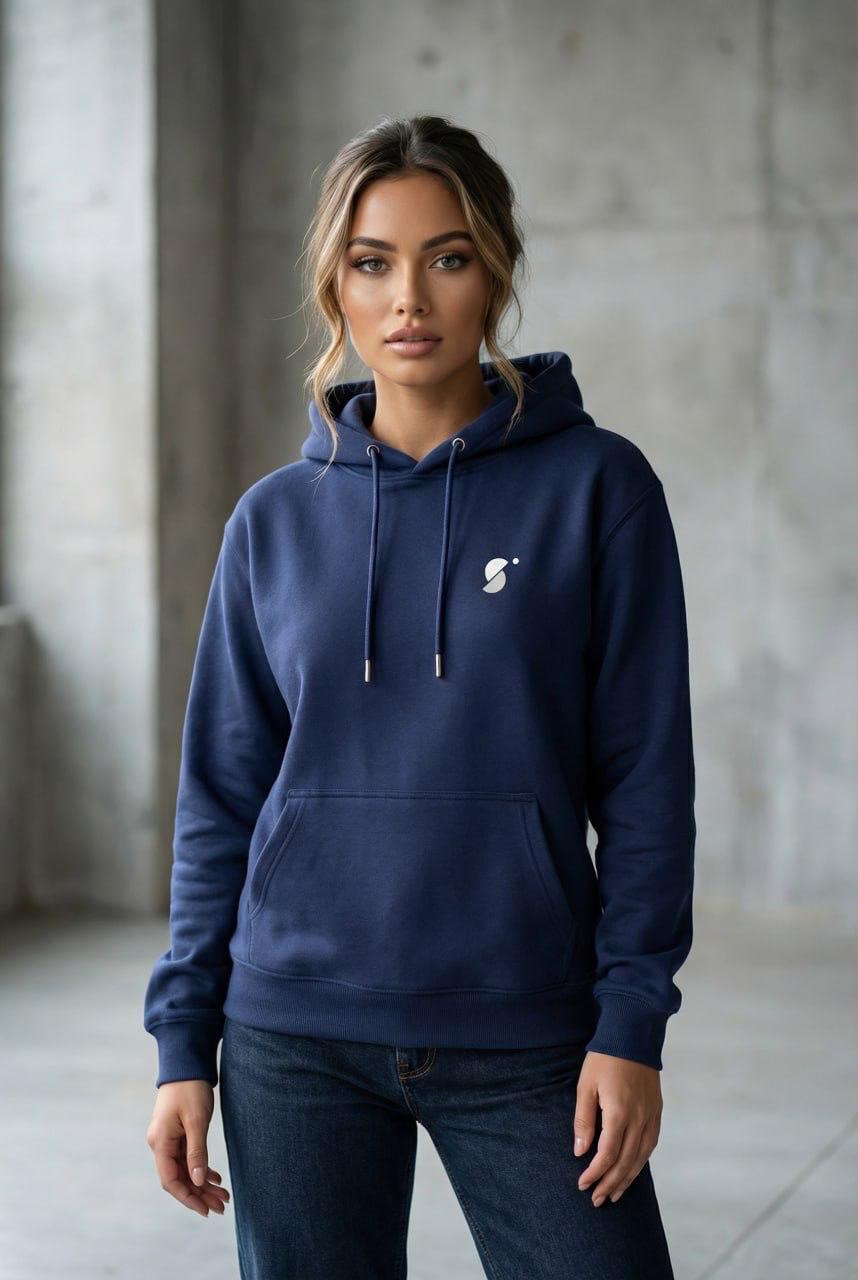 Model wearing Sameera's Fashion branded hoodie